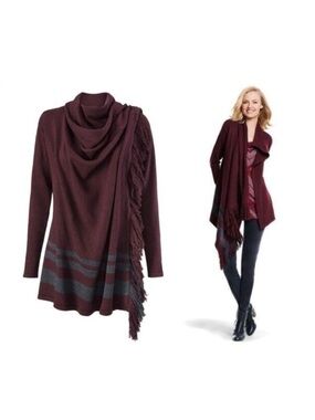 Cabi Sweater Wrap Cardigan Fringe Draped Wine Maroon Burgundy Gray Cotton Size L